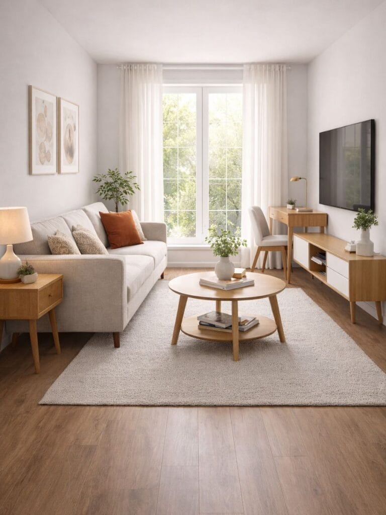 Mid-century modern setup showing best funiture styles for small living rooms 
