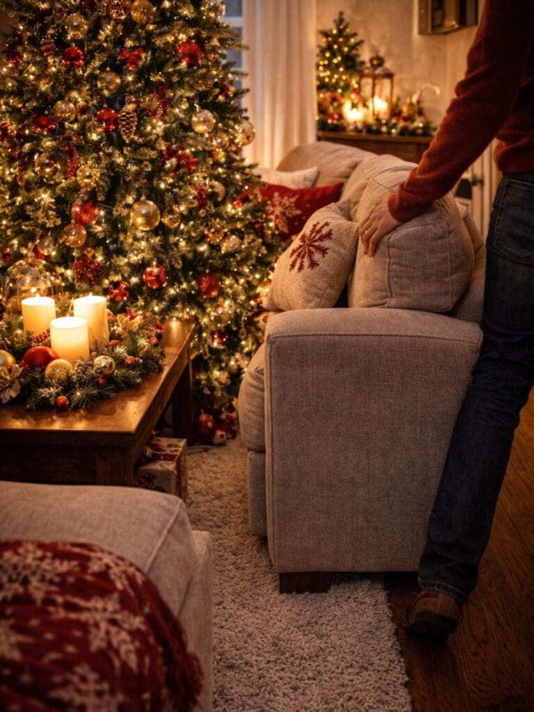 Christmas tree and sofa blocking walkway in small living room 