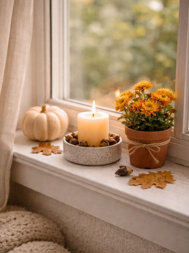 Window sill fall decor with mini pimpkin, candle and potted flowers