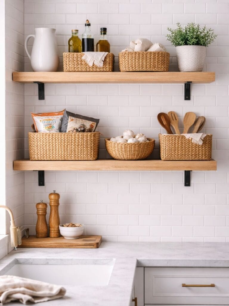 Woven baskets decor on kitchen floating shelves 