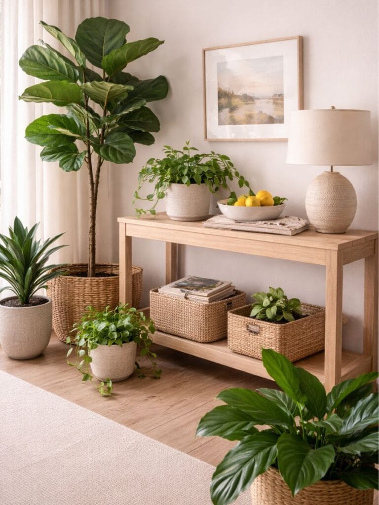 Indoor plants simple clean home decor corner with natural light and woven basket 