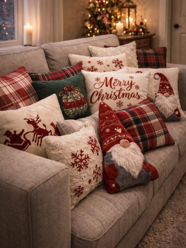 Too many Christmas throw pillows on small living room sofa 