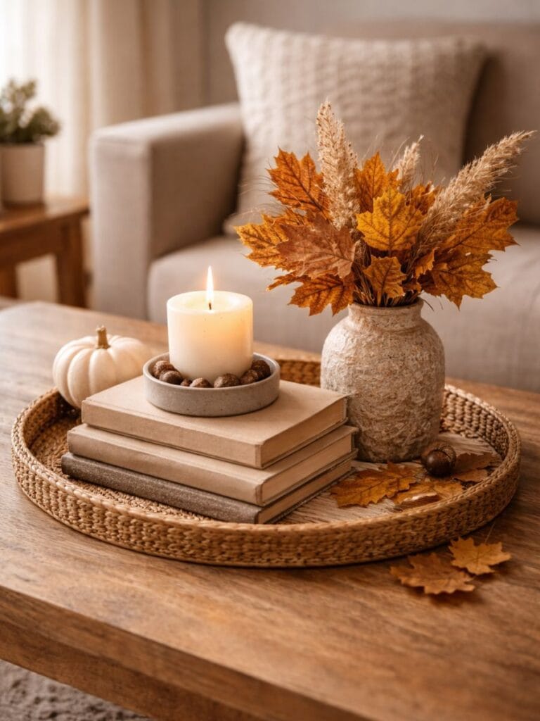 Coffee table fall setup with books, candle, and vase with dried leaves.