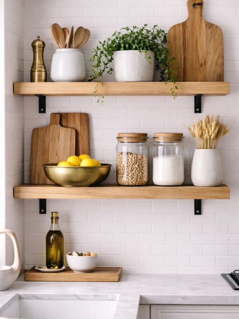Mixed materials decor on kitchen floating shelves 