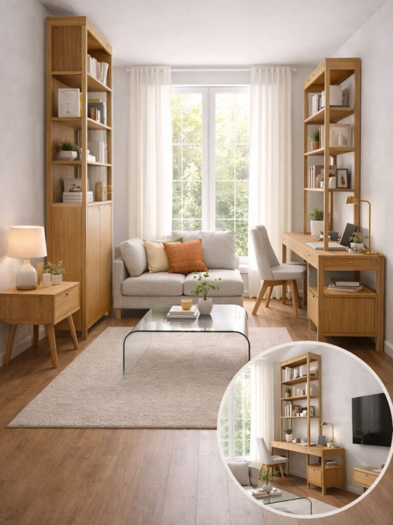 Vertical storage setup showing best furniture styles for small living rooms 