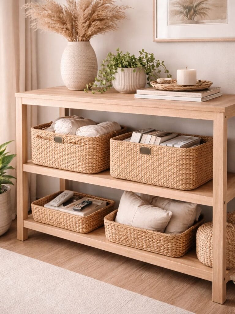 Beautiful woven basket storage simple clean home decor setup 