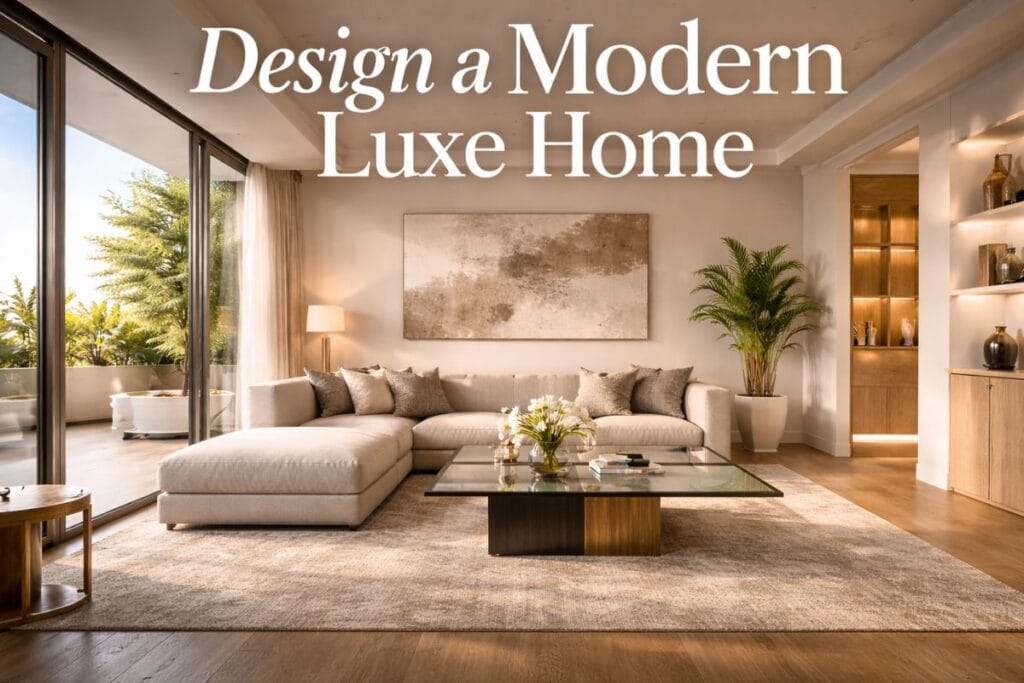 Modern contemporary living room showing how to design a contemporary home with a luxe neutral interior style