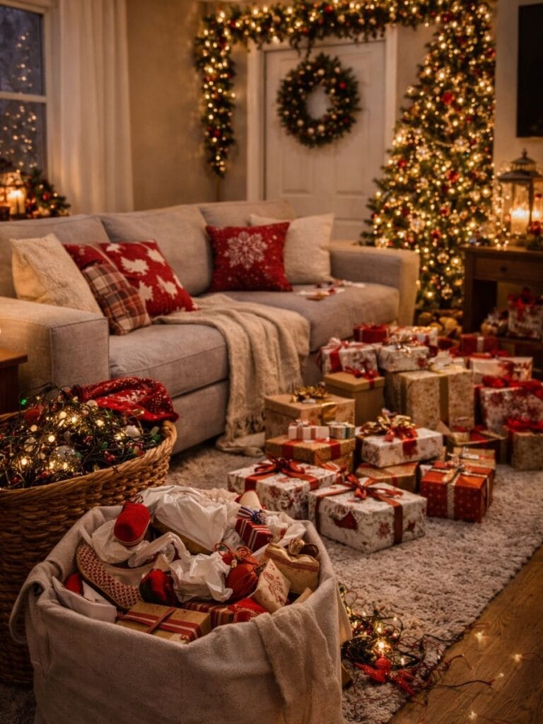 Christmas decor clutter without smart storage in small living room 