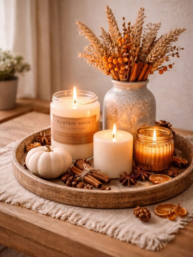 Cozy scented candle corner with pumpkin spice candle, mini pumpkin, and dried fall decor.