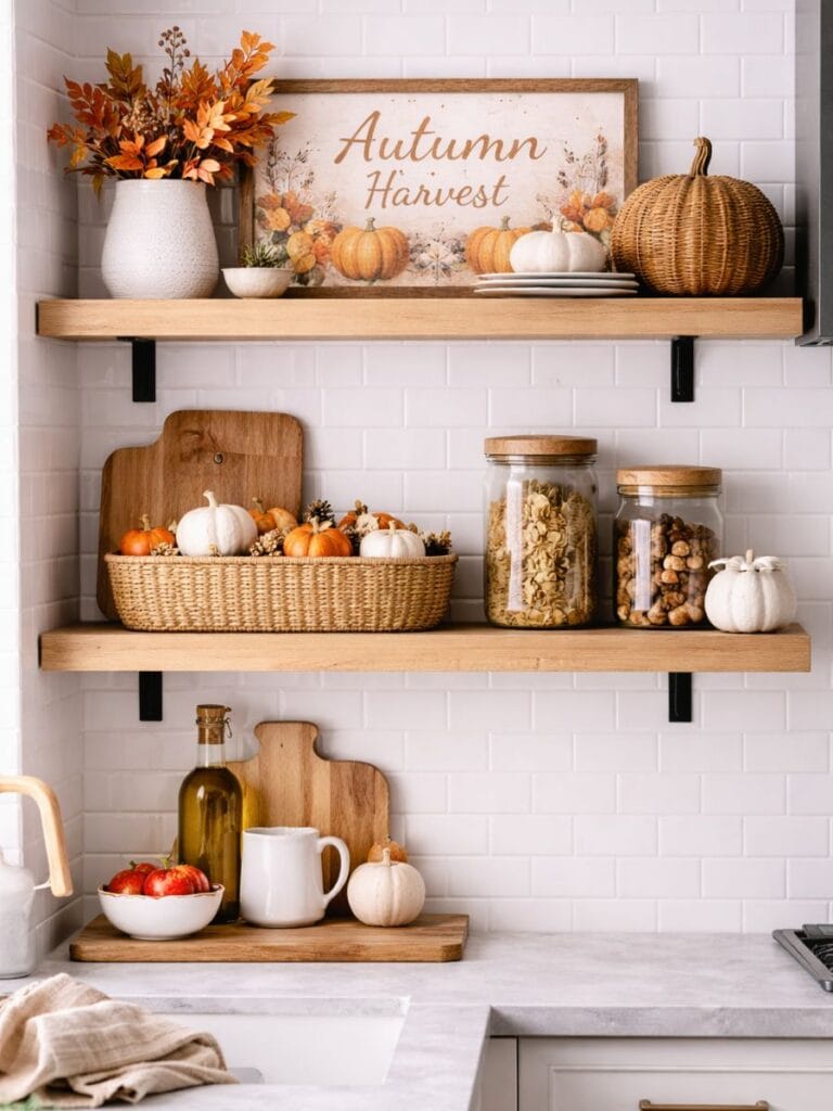 Seasonal decor styled on kitchen floating shelves 