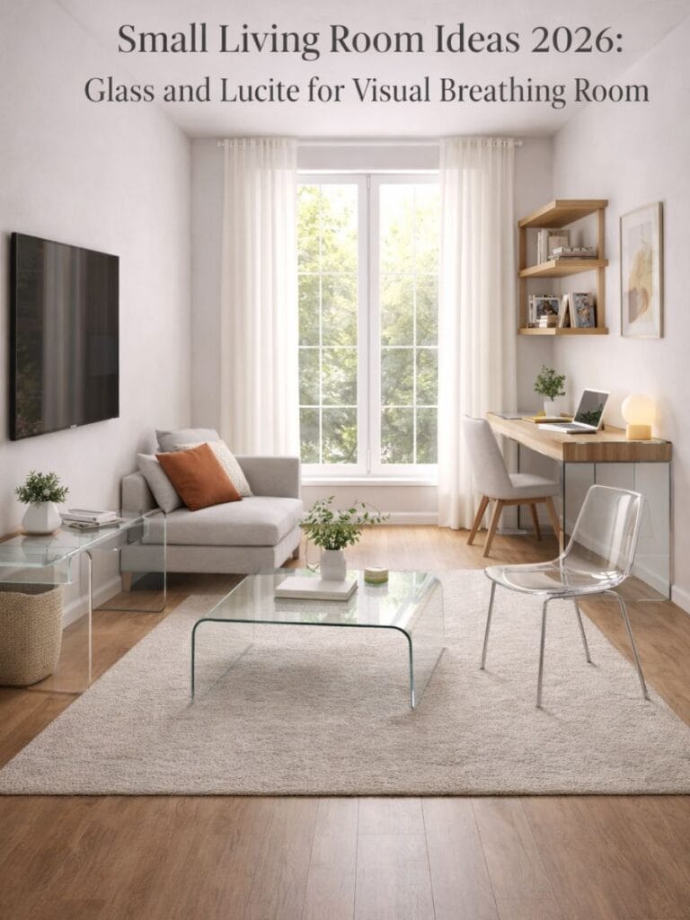 small living room ideas 2026 glass and lucite furniture open airy space