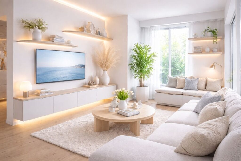 Luxury preppy room with soft lighting neutral tones and modern elegant decor