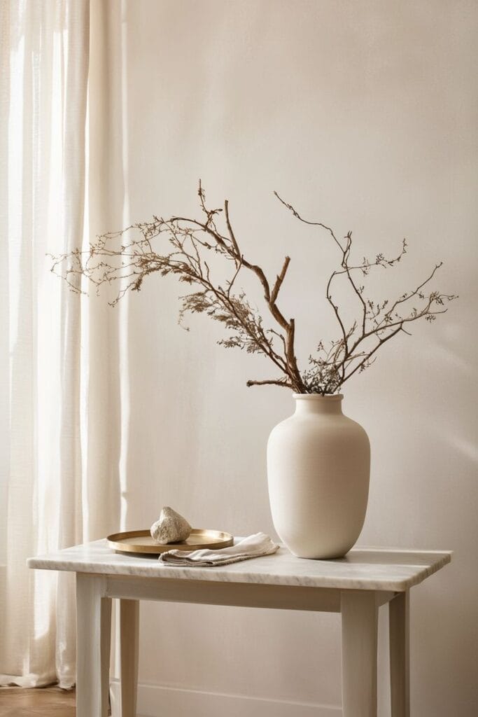 Oversized ceramic vase with branches in luxury entry table decor