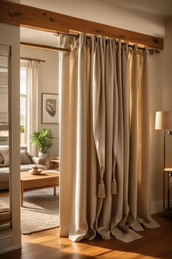 wooden curtain rods with natural grain in a cozy living room
