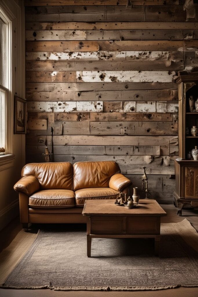 Weathered wood accent wall in vintage home decor