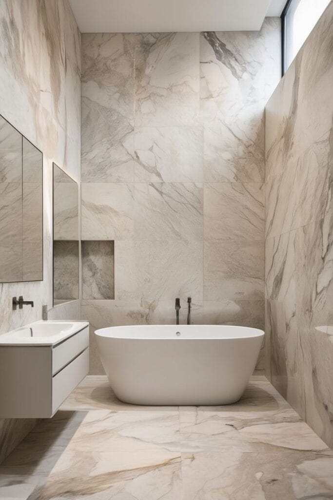 Floor to ceiling tile bathroom decor ideas 2026 marble look 