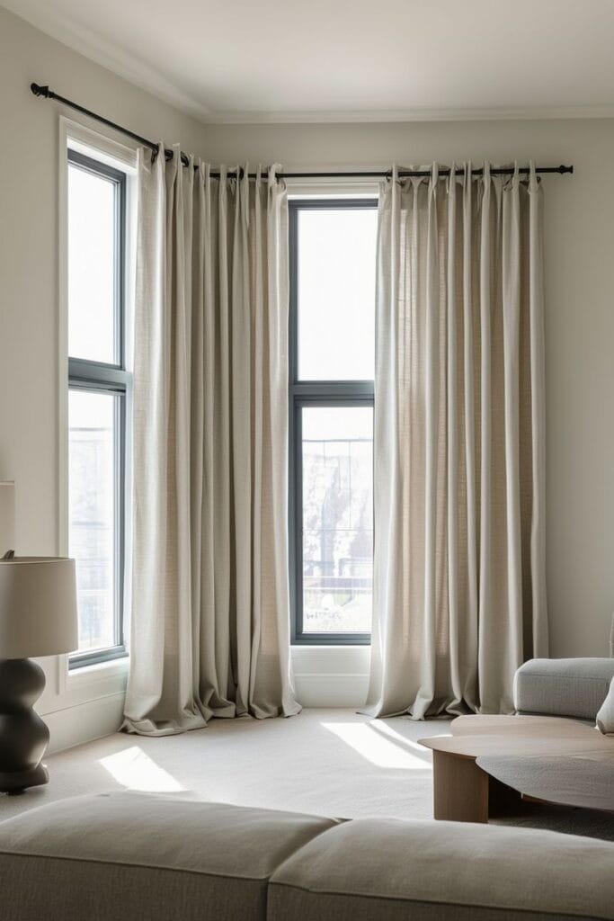 Classic matte black curtain rods in a modern living room 