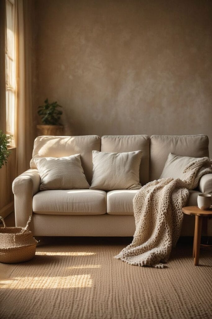 Earthy living room with layered soft textiles and warm neutral tones