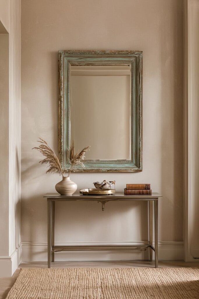 Antique mirror with gentle patina in luxury entry table decor