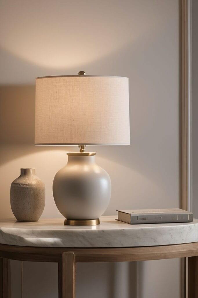 Sculptural lamp with soft linen shade used in luxury entry table decor