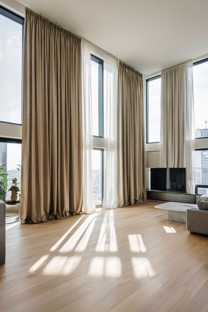 Ceiling mounted curtain rods for tall living room windows