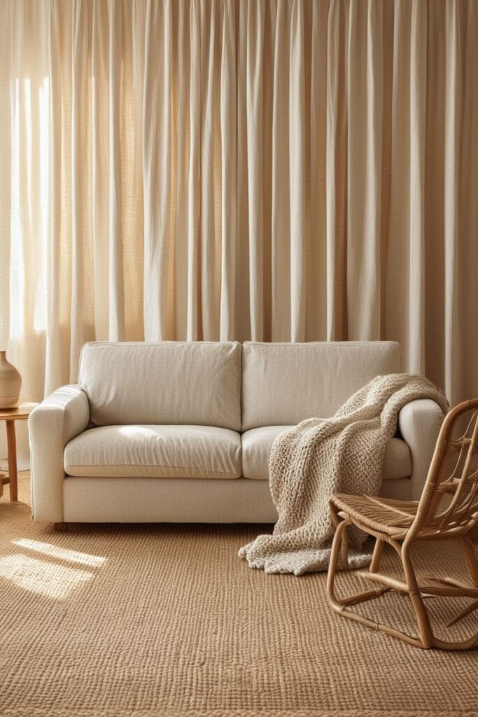 Earthy home interior with linen sofa, jute rug and natural textures