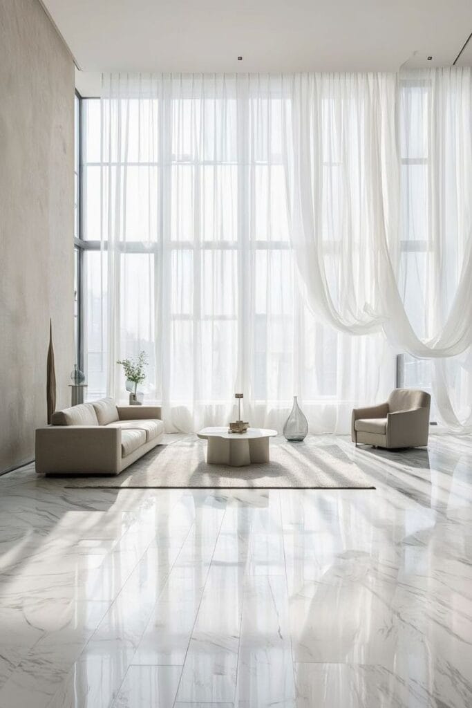 white voile sheer curtains creating a clean and luxurious living room look 