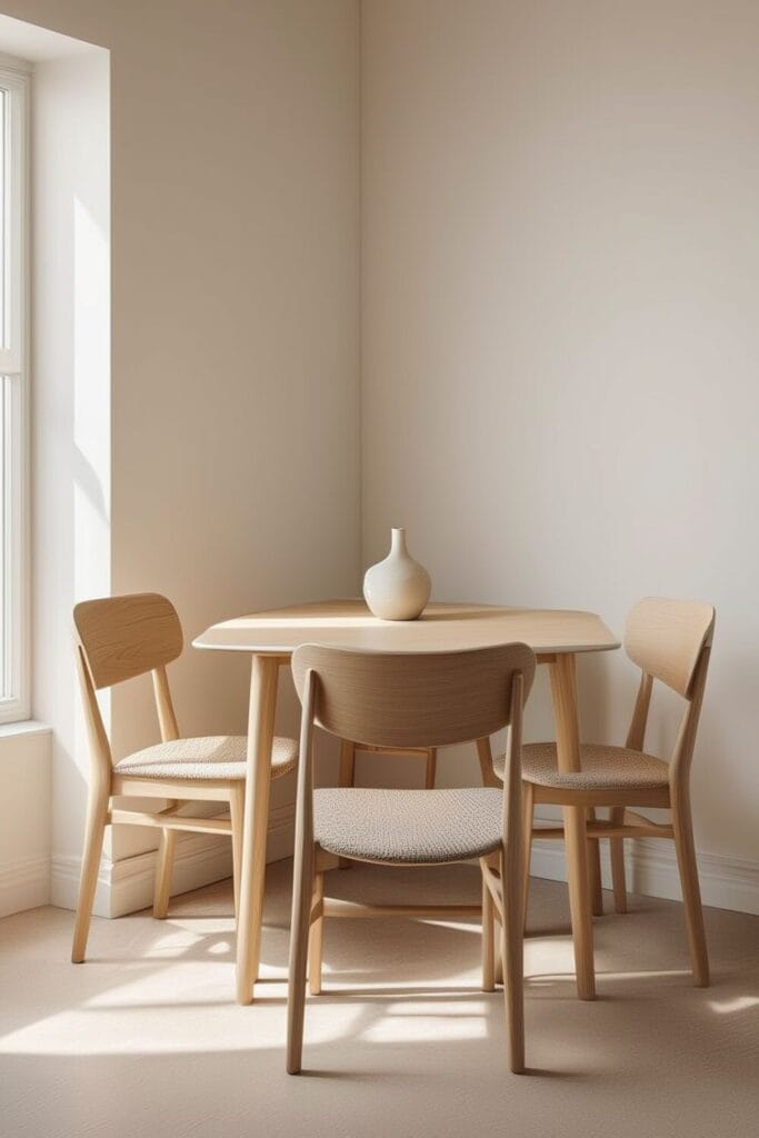 Corner fit chairs in small dining space against wall