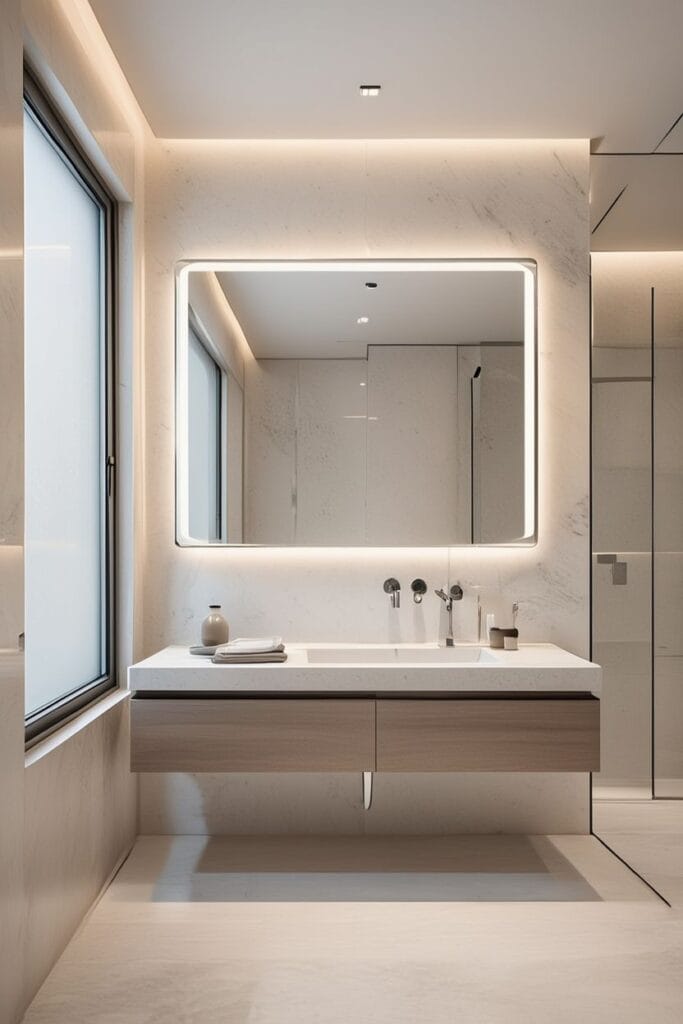 Oversized backlit mirror bathroom decor ideas 2026