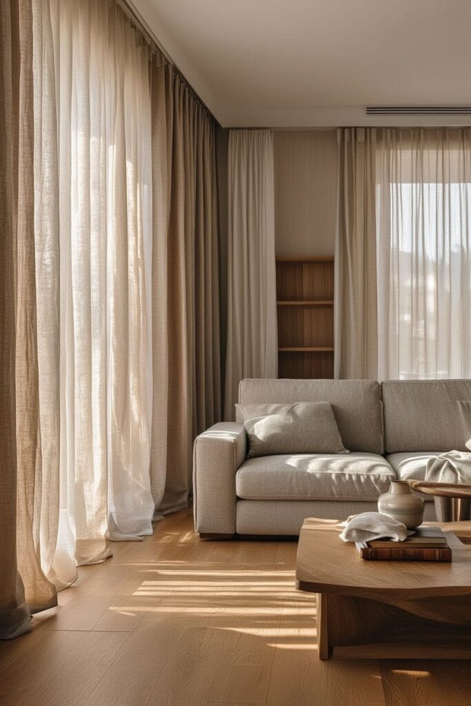Floor-lenght lines sheer curtains adding natural elegance to a modern home