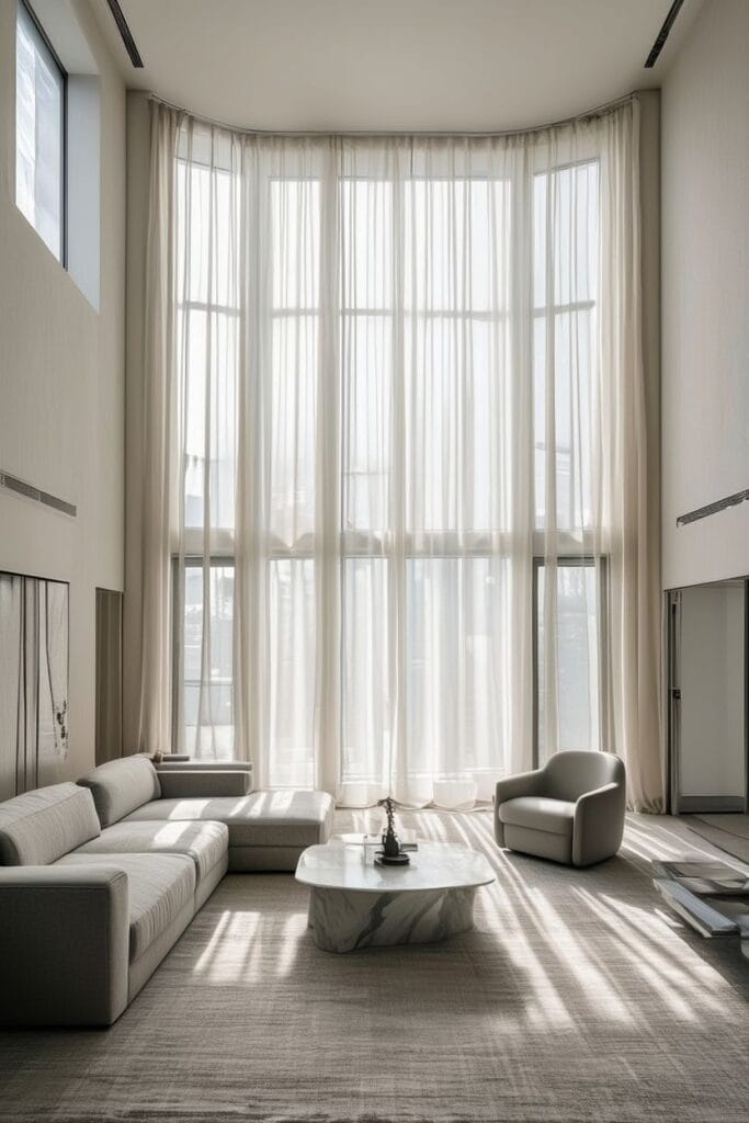 high-hung sheer curtains making walls look taller and more luxurious