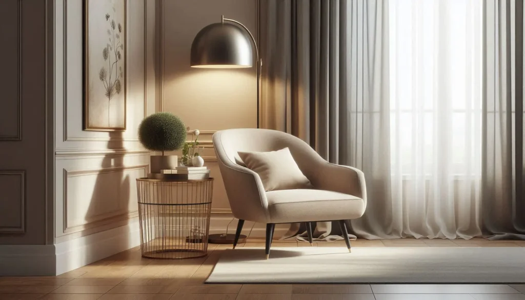 Modern living room with decorative trays , curtains, and accent chairs