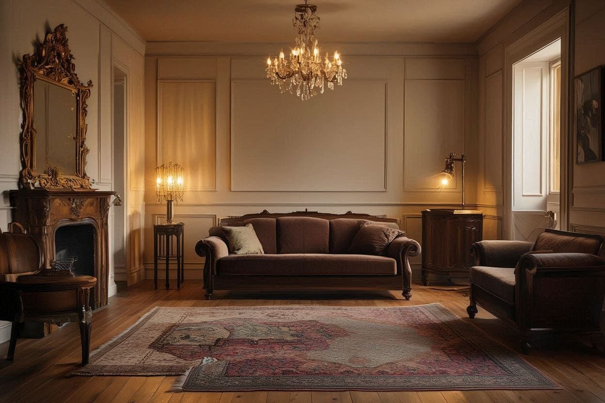 Vintage home decor living room with rich antique furniture and timeless luxury styling