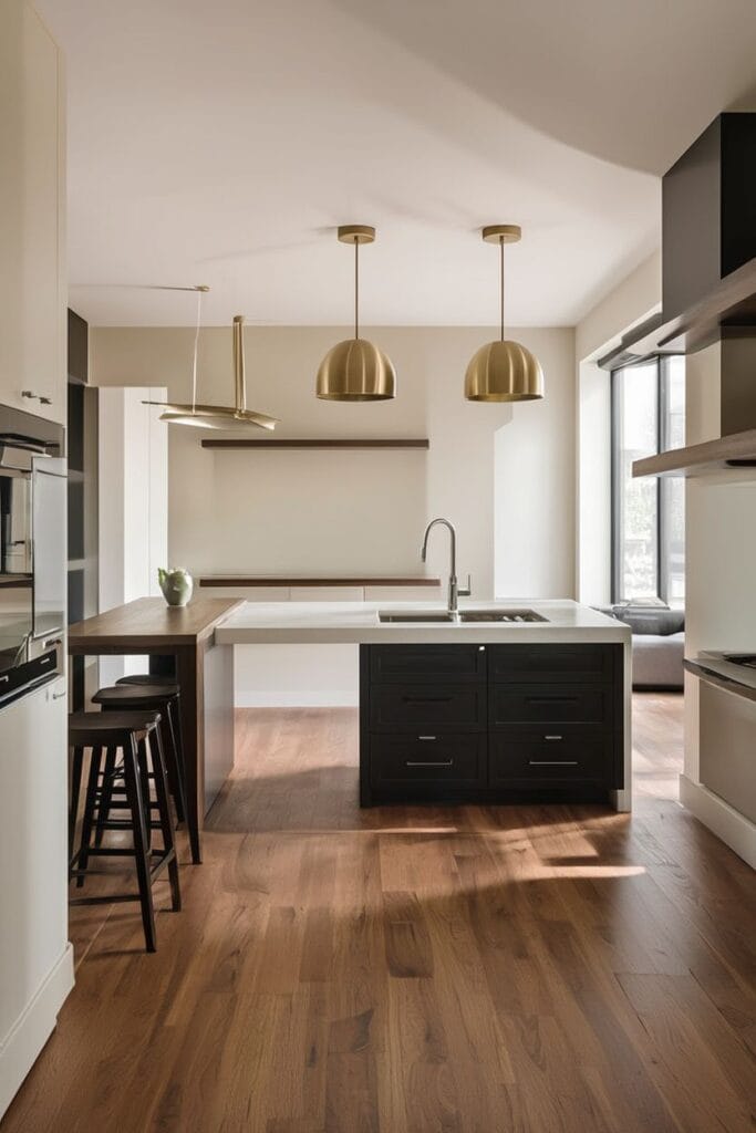 Mixed metal finishes example showing how to design a contemporary home with balanced brass, black, and chrome accents