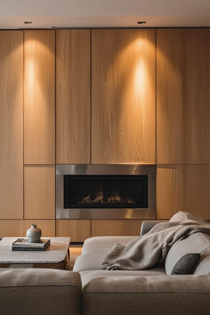 wood accent wall behind fireplace in living room 