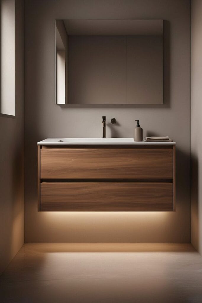 Floating vanity bathroom decor ideas 2026 with under cabinet lighting