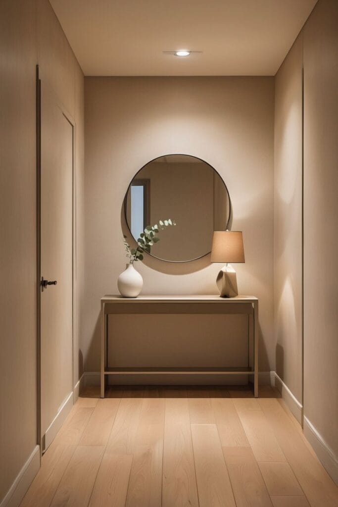 Round entryway wall mirror above console table reflecting natural light in a modern narrow hallway