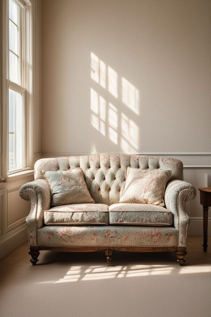 Floral fabric sofa in vintage home decor
