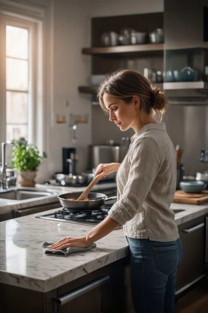 Cleaning kitchen while cooking to maintain a clean home daily 