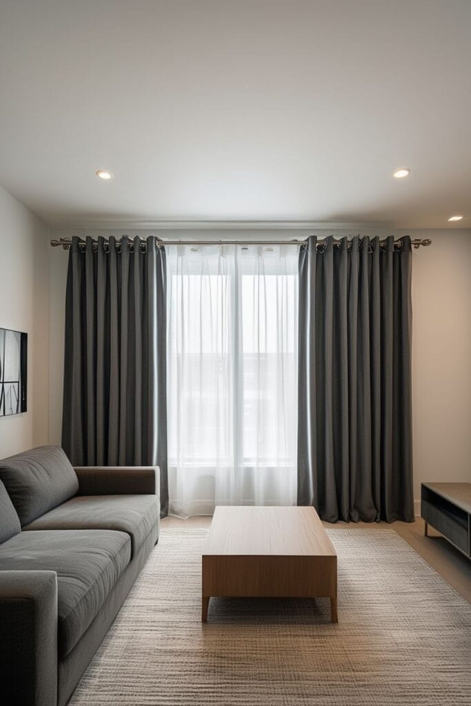 Double curtain rod system with sheer and blackout curtains