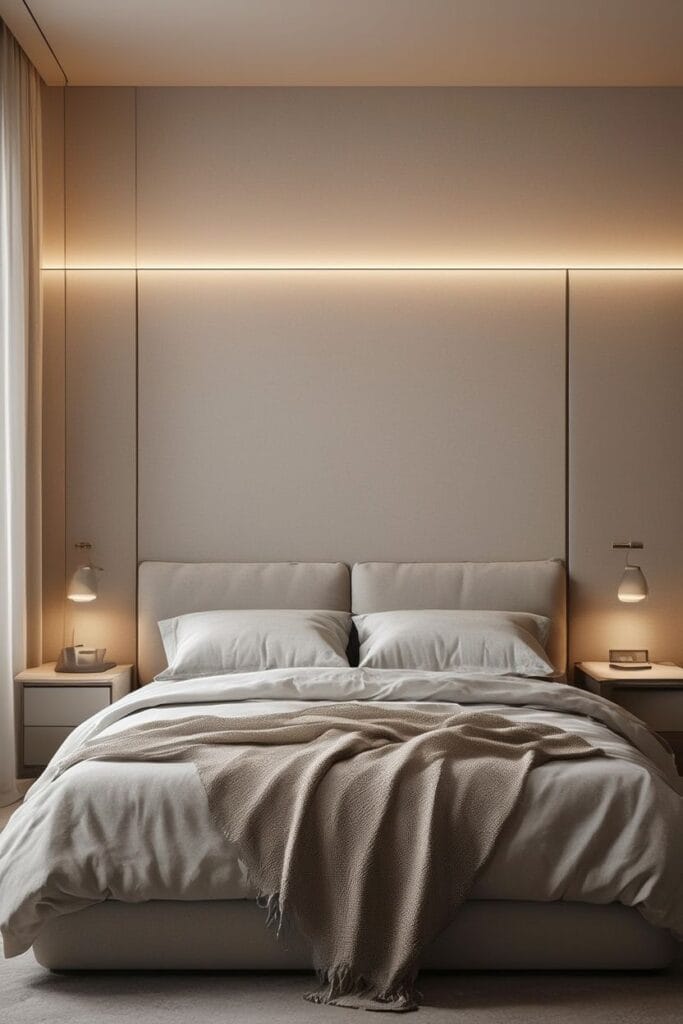 LED strip lighting behind headboard warm glow 