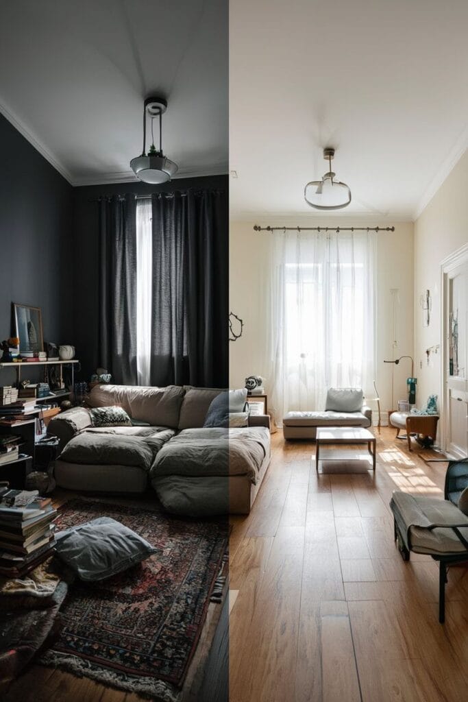 Common mistakes in small living rooms like oersized furniture and dark walls