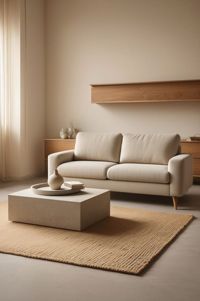 Modern earthy living room with clean lines and neutral textures