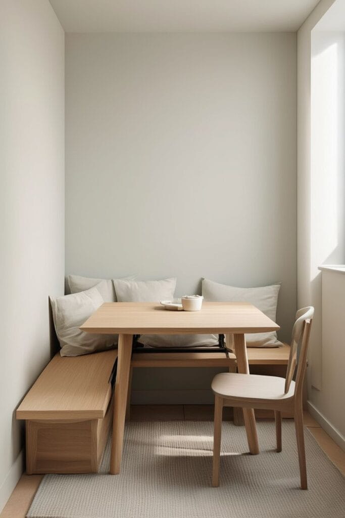Bench seating tucked under table in small dining space