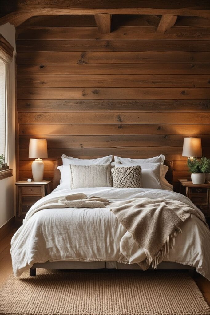 rustic wood accent wall in cozy bedroom