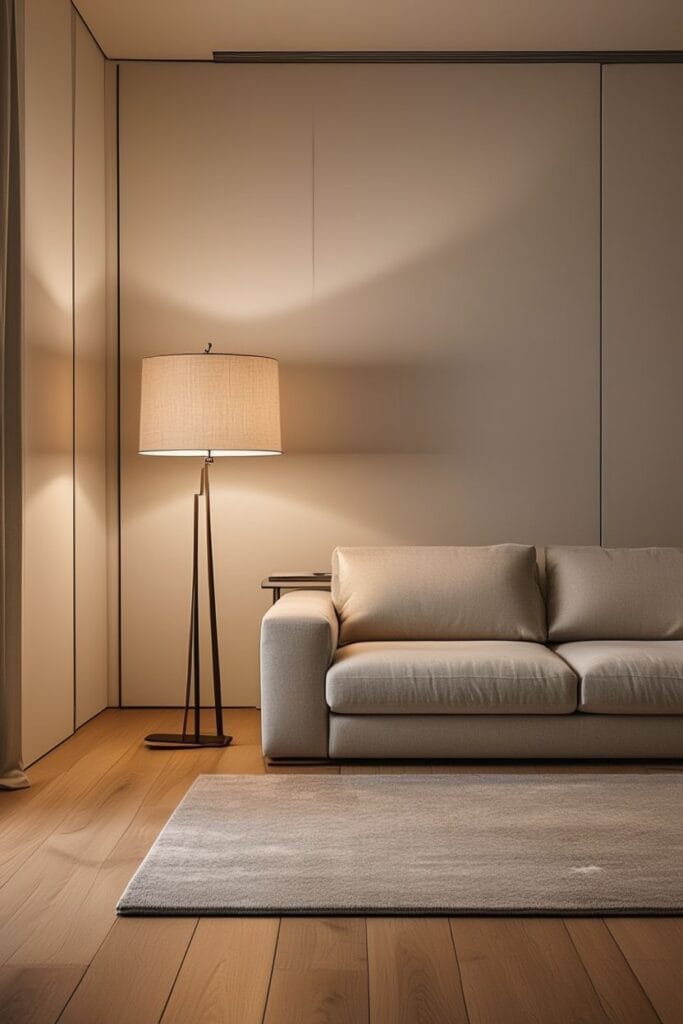 Statement floor lamp with soft shade luxury living room 