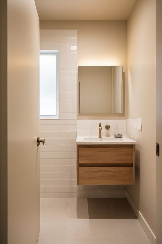 Small bathroom ideas with soft cohesive neutral color palette and warm lighting 