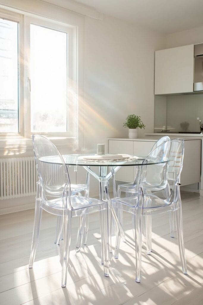 Transparent acrylic chairs in small dining space with glass table 