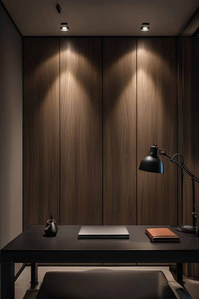 Dark stained wood accent wall in home office 