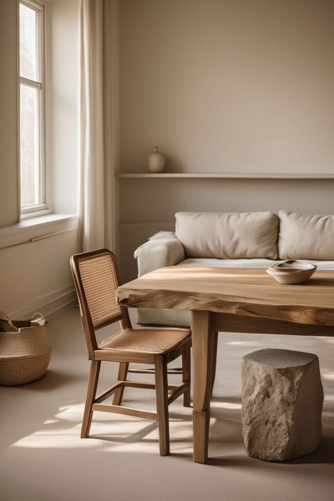 Earthy home interior with organic wood and cane furniture 